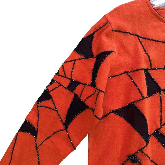 Quacker Factory Halloween Beaded Spiderweb Cardigan Womens Sz L Orange Black NEW - Picture 13 of 16